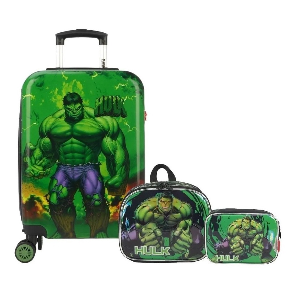 Kit Malinha Escolar Mala Bordo Infantil Hulk 4 Rodinhas 360°