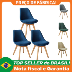 Kit 3 Cadeiras Charles Eames Leda Veludo Luisa Saarinen Estofada Base Madeira