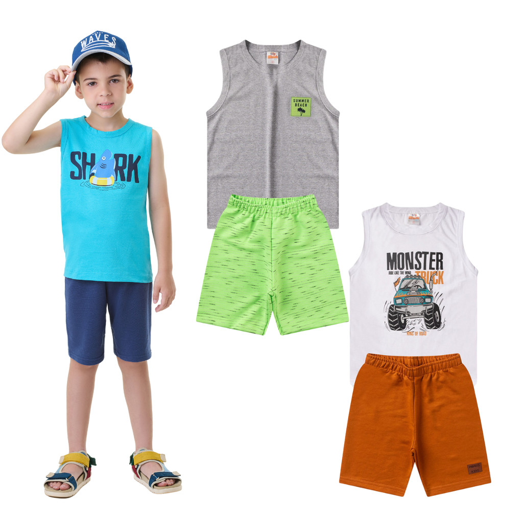 Kit 2 Conjunto de Roupas Infantil Masculino Regata Tam 1 ao 14 ano.