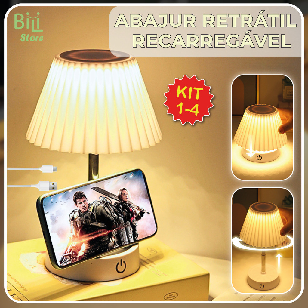 Luminária de Mesa Abajur LED Recarregável Retrátil de Aço Luz Neutra Ajustável 3 Tons USB