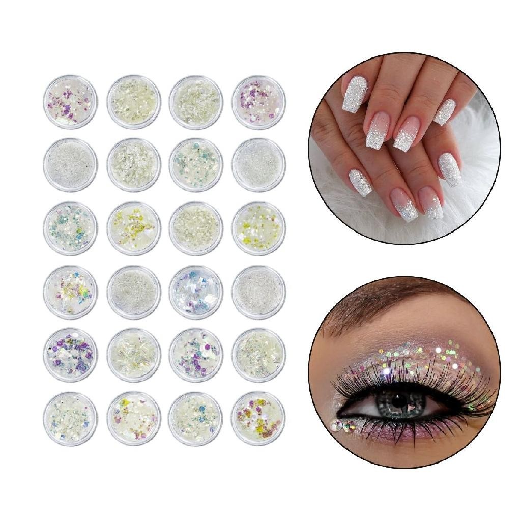 Kit 24 Glitter Decoração Unhas Nail Art Maquiagem Branco Nail Designer manicure Carnaval Brilho Furta Cor