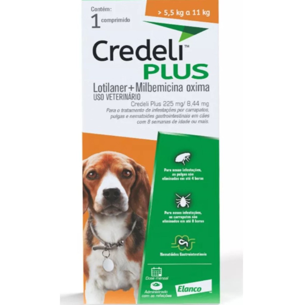 Antipulgas Para Cães 5,5 a 11 kg Credeli Plus 225 mg 1 Comp.