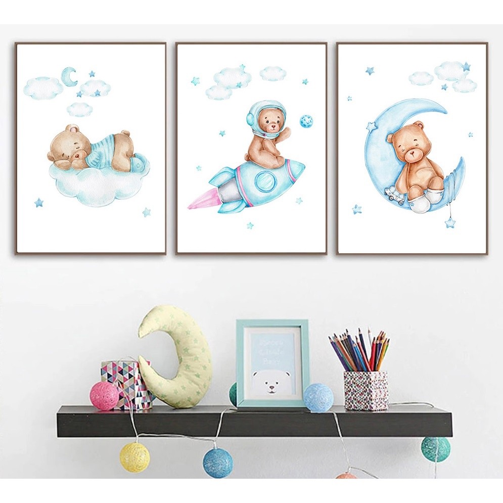 Quadro decorativo 3 peças 20x30 Lua nuvem urso berçário azul foguete nórdico decoração para quarto infantil criança bebê