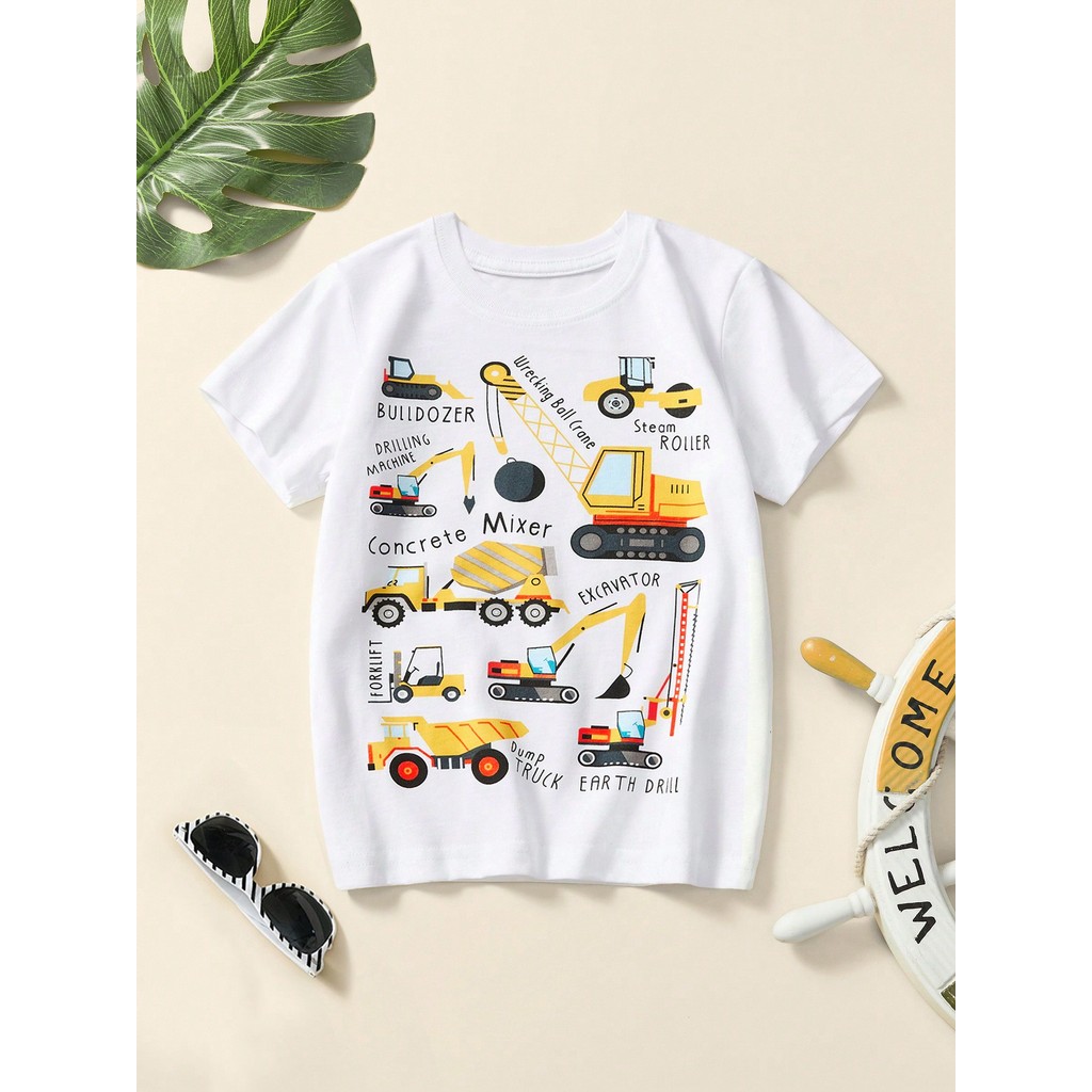 Camiseta de Algodão de Manga Curta com Decote Redondo e Estampa de Escavadeira Casual para Crianças, Primavera/Verão