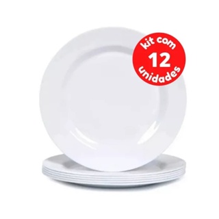 Kit Jogo 12 Pratos Raso Branco de Melamina Resistente Tamanho 25cm Buffet Hotel Decoração em Oferta na Shopee