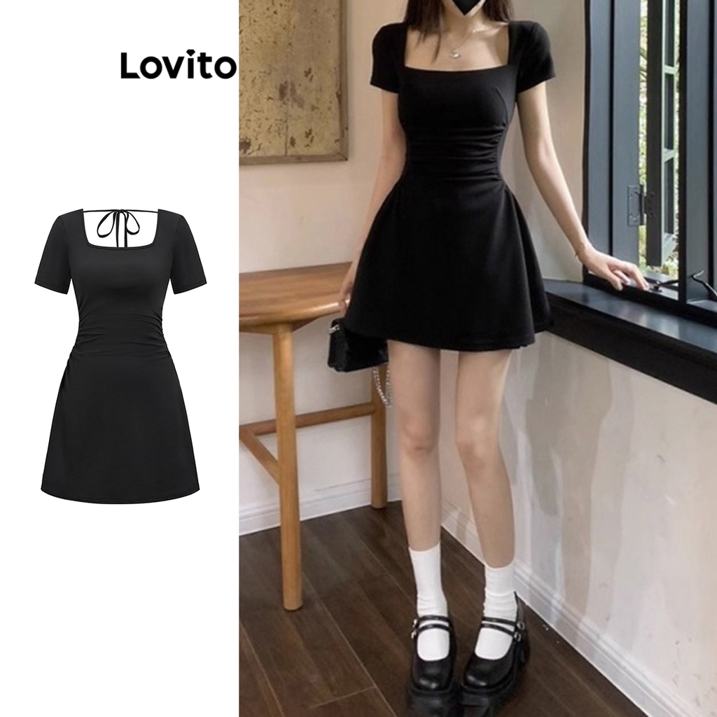 Lovito Vestido com Amarração e Mangas Curtas de Tecido Liso para Mulheres L61AD088 (Preto)
 - Women Clothes