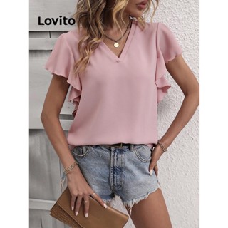 Lovito Blusa Básica Casual Com Babados Lisos Para Mulheres LNE31050 (Rosa Empoeirado)