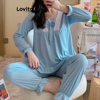 Lovito Casual Conjunto de Pijama Feminino Liso Básico com Costura no Tecido LNA29519 (Branco/Azul)