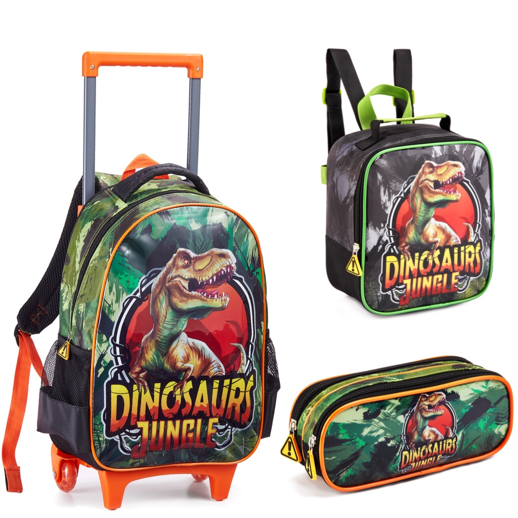 Kit Mochila Escolar Infantil Dinosaurs Jungle Com Rodinhas