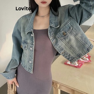 Lovito Jaqueta de Denim com Bolsos Lisos para Mulheres Casuais LNA19026 (Azul)