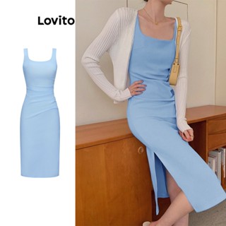 Lovito Casual Vestido Feminino Liso com Fenda e Babados L68ED337 (Azul)