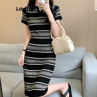 Lovito Vestido com Gola Polo Listrada Casual para Mulheres LNA19061 (Preto)