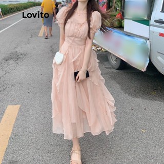 Lovito Vestido Elegante de Mangas Curtas com Decote Redondo para Mulheres LNE05069 (Rosa)