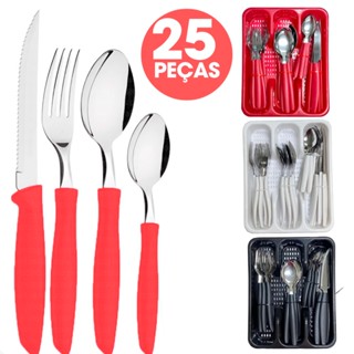 Jogo De Talheres Inox Com 25 Peças + Suporte Gaveteiro Mesa Posta