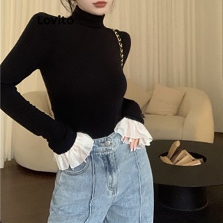 Lovito Top De Malha Casual Com Costura Em Tecido Liso Para Mulheres LNE35079 (Preto)