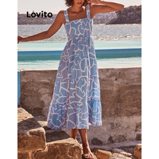 Lovito Vestido Geométrico Casual Liso Com Bata Para Mulheres LNE35100 (Azul)