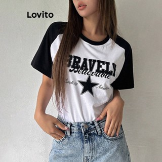 Lovito Casual Camiseta Feminina com Estampa de Texto Colorblock L73AD088