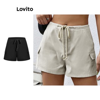 Lovito Shorts Casuais Lisos Com Bolso Com Cadarço Para Mulheres L77ED180