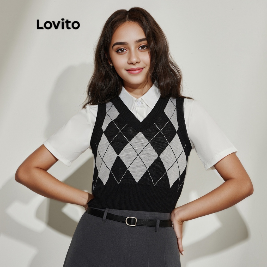 Lovito Top De Malha Formal Xadrez Geométrico Selvagem Tricotado Para Mulheres L45AD021 (Preto) - Women Clothes