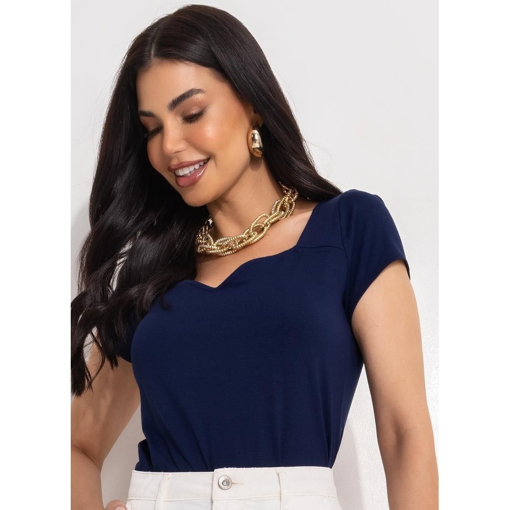 Blusa  Em Malha De Viscose Azul Marinho Quintess em Oferta na Shopee