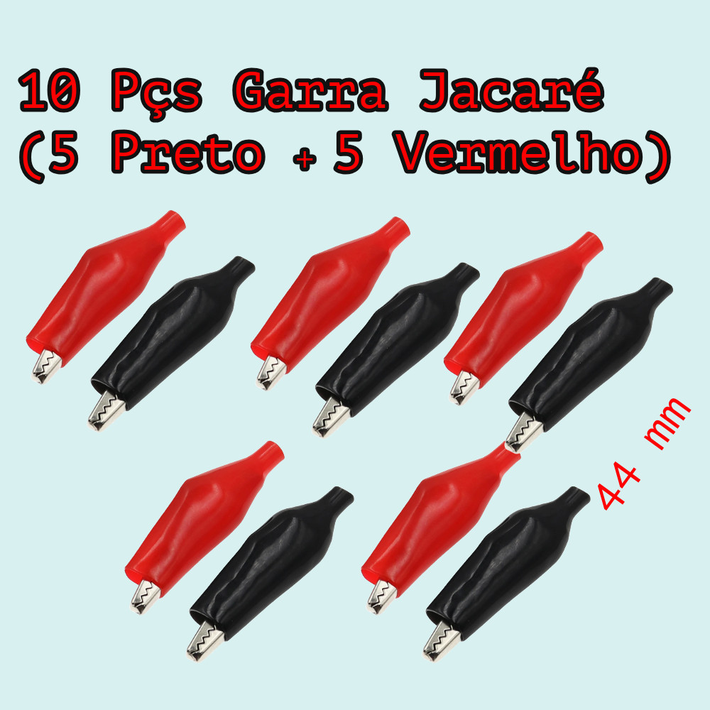 kit 10 unidades Garra Jacaré - Isolado - Medio 44mm (5 Preto + 5 Vermelho)