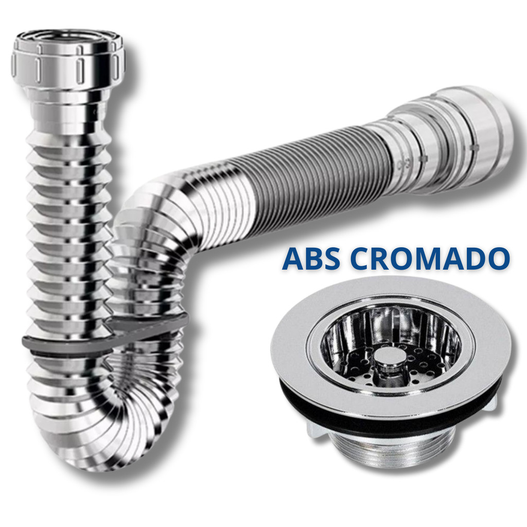 Sifão Cromado Sanfonado + Válvula Cozinha Pia Americana Abs Plástico Cromado Sifao + Válvula1.1/2''