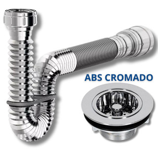 Sifão Cromado Sanfonado + Válvula Cozinha Pia Americana Abs Plástico Cromado Sifao + Válvula1.1/2''