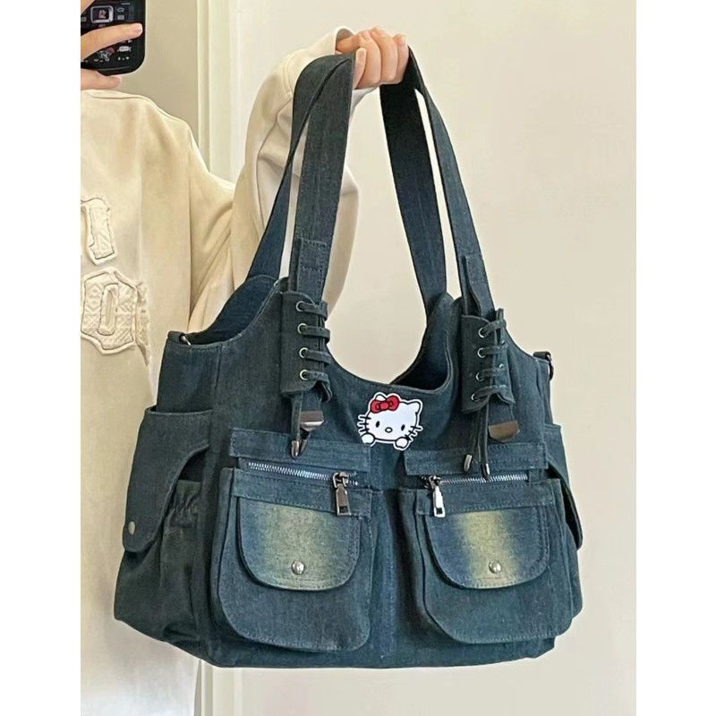 Bashamm2022 nova bolsa jeans grande bolsa de ombro oblíqua faixa de alta capacidade cadarço casual simples bolsa de jeans retrô mulher