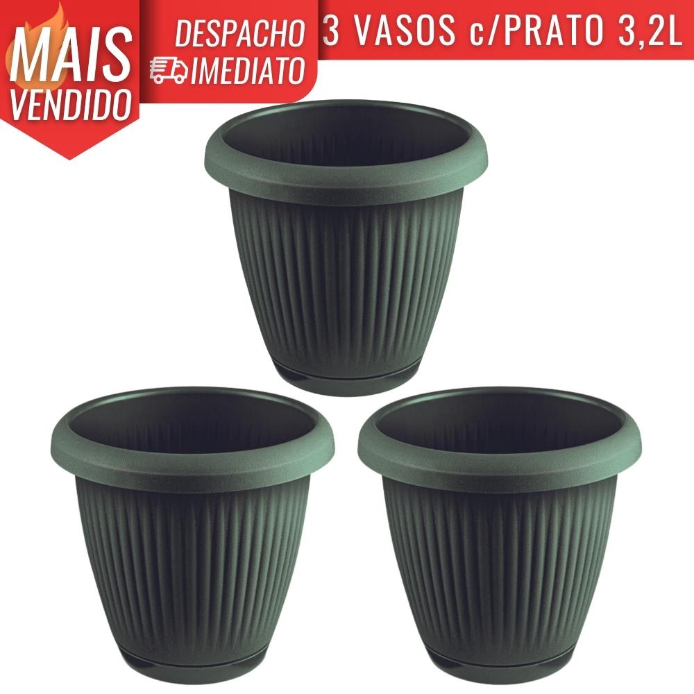 Kit 3 Vasos de Flor Plástico Médio c/Prato 3,2 Litros Moderno Decorativo