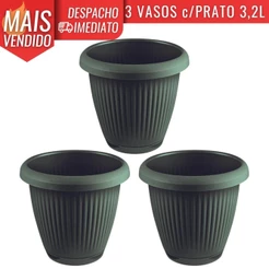 Kit 3 Vasos de Flor Plástico Médio c/Prato 3,2 Litros Moderno Decorativo