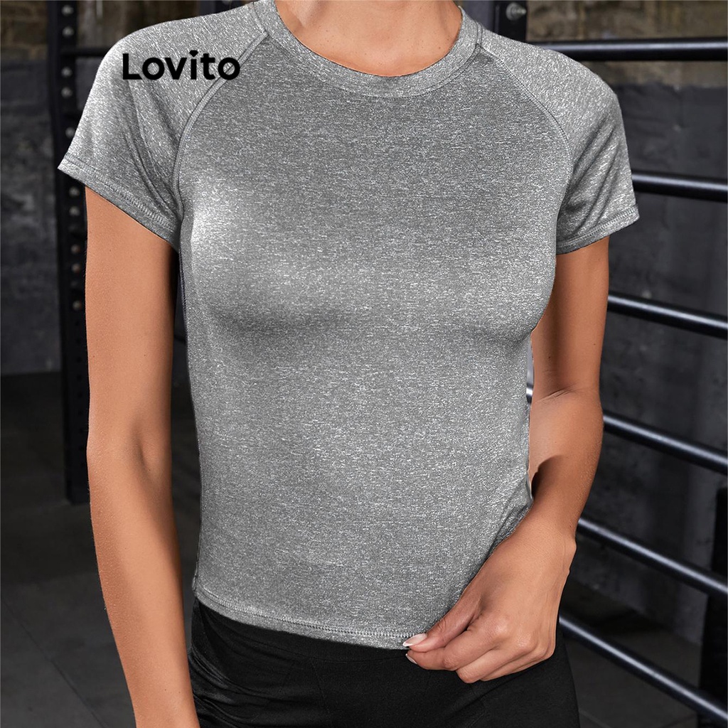 Lovito Camiseta Esportiva Básica Lisa Esportiva Para Mulheres LNA27301 (Cinza Escuro/Roxo/Verde)