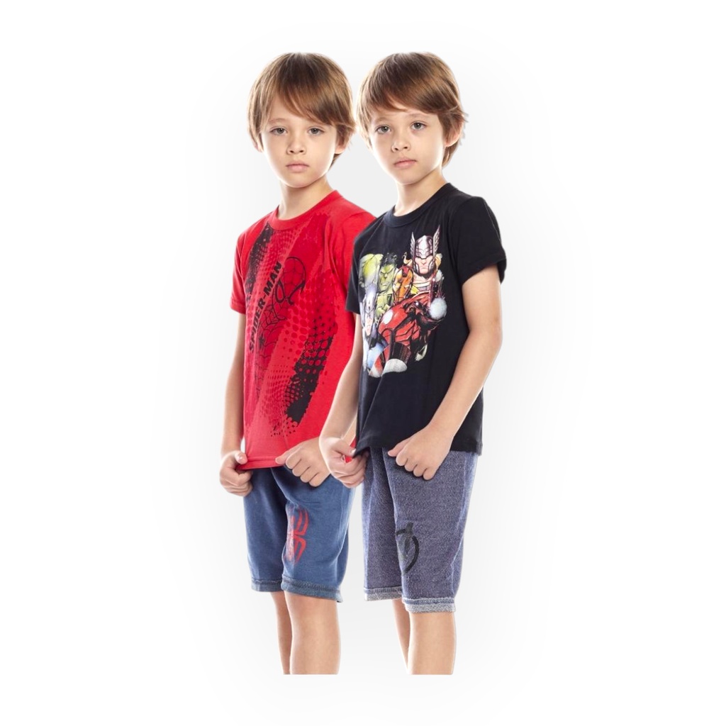 KIT 2 CONJUNTOS MENINO MENINA SHORTS MOLETINHO E CAMISETA ALGODÃO VERÃO PERSONAGENS PRINCESAS