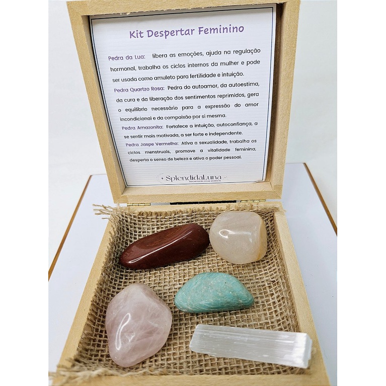 Kit Despertar Feminino na Caixa Jaspe Vermelho Pedra da Lua Quartzo Rosa Amazonita