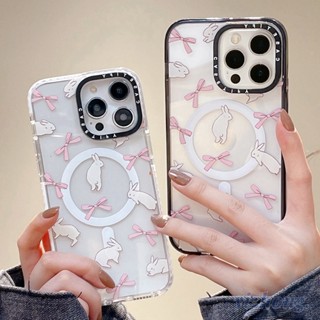 Caixa Para iPhone 15 14 Pro Max 11 13 12P Carregamento Magnético Sem Fio Transparente Bowknot Girly Rabbit Impressão Capa Protetora Celular TPU Macia Anti-Riscos