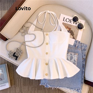 Lovito Regata Feminina Casual Lisa Com Botão Traseiro E Botão Frontal LNE34082 (Branco)