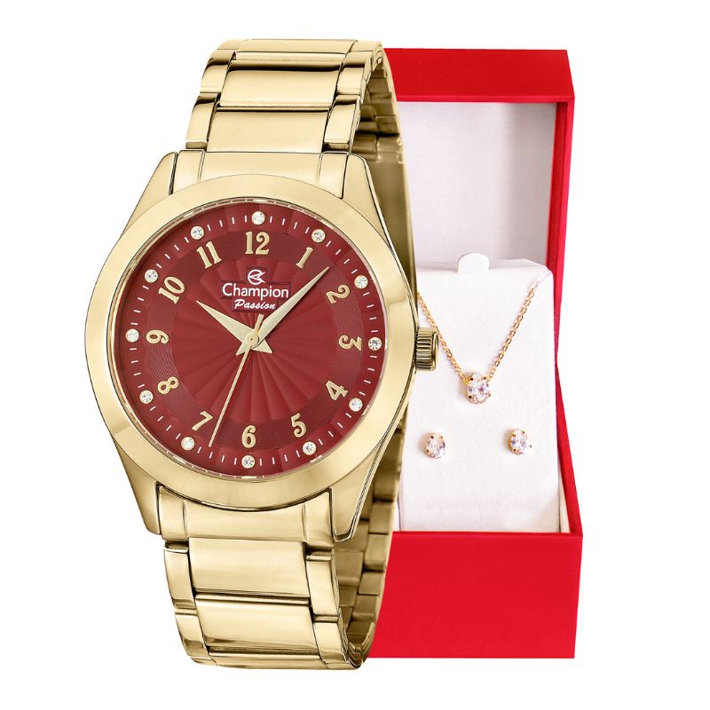 Relógio Champion Feminino Analógico Dourado + Colar e Brincos Original À Prova dÁgua Barato CN29409X