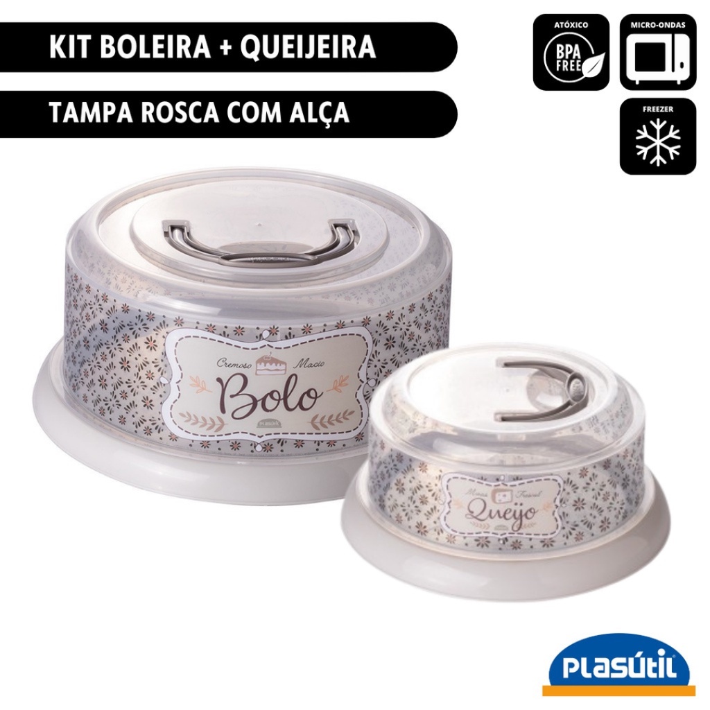 Kit Boleira Porta Bolo + Queijeira Tampa Rosca Alça Plasútil