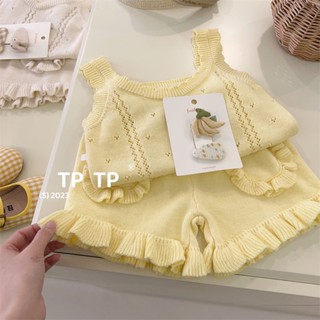 Vestidos de verão para meninas, blusas de malha para crianças, shorts, pequenos coletes sem mangas de duas peças, novos