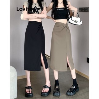 Lovito Saias Casuais Divididas Com Nó Liso Para Mulheres LNL37166 (Cáqui/Preto)