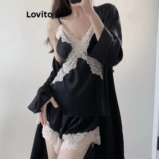 Lovito Conjuntos De Pijama De Renda Casual Simples Com Decote Em V Para Mulheres LNA38038 (Preto)
