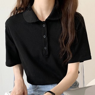 Lovito Camiseta Simples com Botão na Frente para Mulheres LNE17020 (Preta)