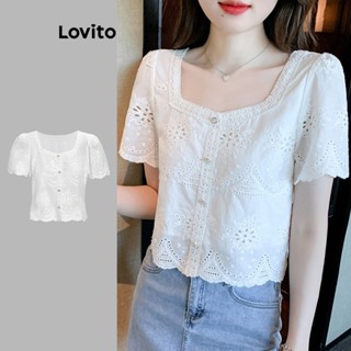 Lovito Casual Blusa Feminina Lisa com Bordado e Ilhós e Botão Frontal L68ED013 (Branco)