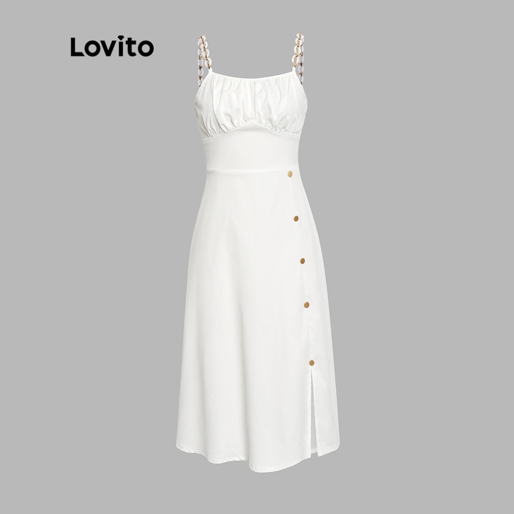 Lovito LIFE IS A PARTY Elegante Vestido Feminino De Corrente De Botão Liso L40EE043 (Branco)