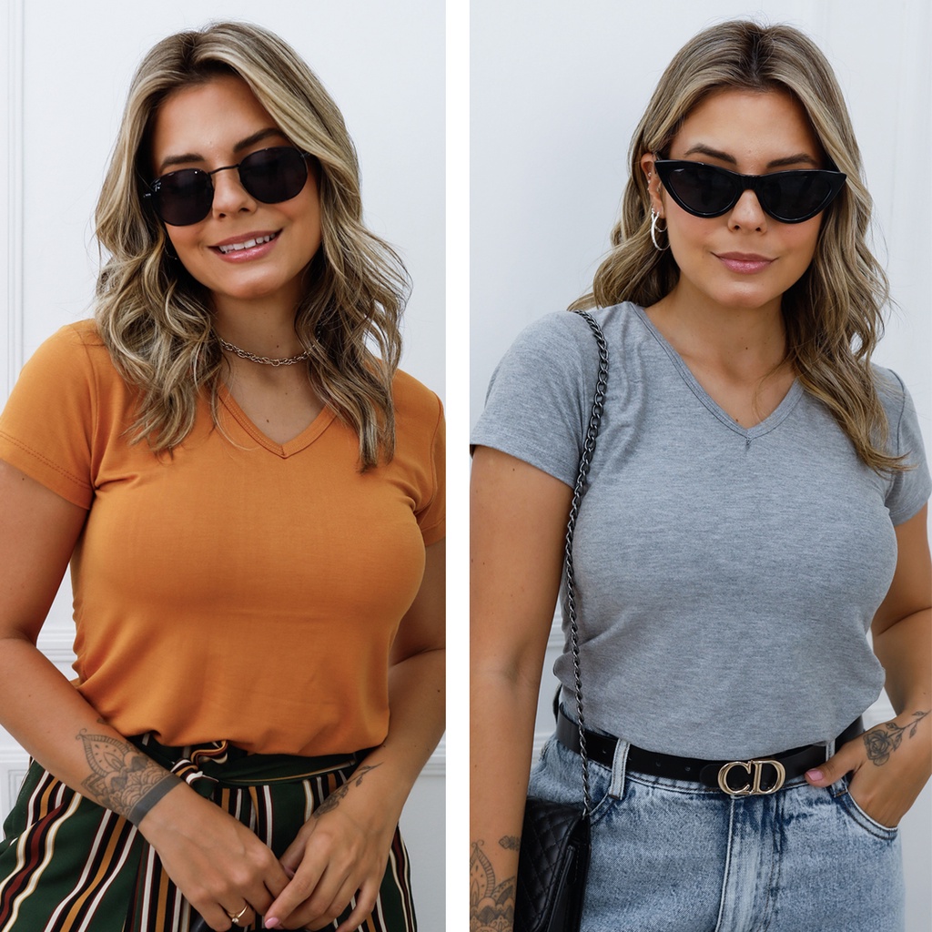 kit 2 Blusa Feminina Viscose Decote V Manga Curta Básica