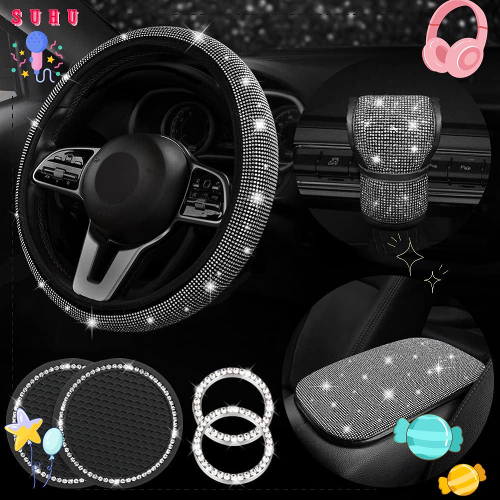 SUHU 7 PCS Conjunto De Acessórios Para Carros Bling , Capa De Volante Rhinestone Branco Brilhante , Bases Interiores Automotivos Encaixam No De 15 Polegadas