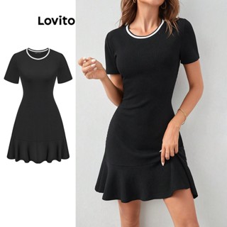 Lovito Casual Vestido Feminino Liso Colorblock L68ED172 (Preto)