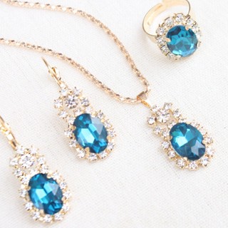 Conjunto De 3 Peças Jóias 24K Feminino Com Banho De Ouro/Colar De Cristal Oval Anel Brincos