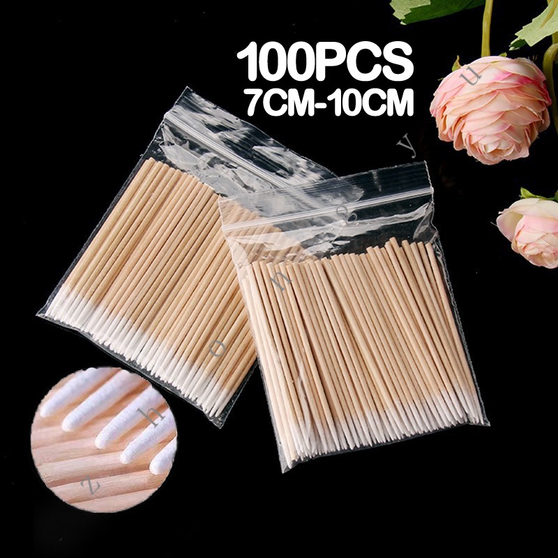 Kit 100 Palitos c/ Algodao Limpeza Henna Unha Cilios 10cm 7cm ponta de algodão cosmético