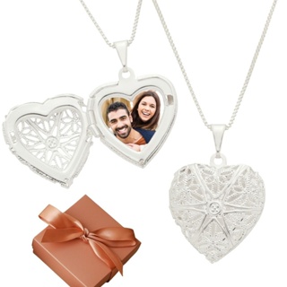 Colar feminino com pingente relicário coração vazado personalizado com foto banhado a prata 925 em Oferta na Shopee