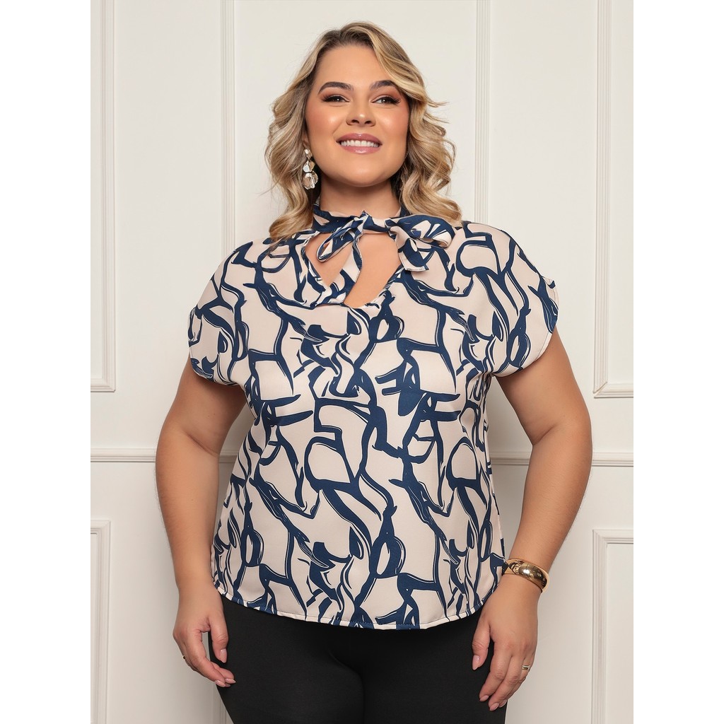 Blusinha Plus Size Feminina Casual de Manga Morcego Curta com gola de Laço Alfaiataria